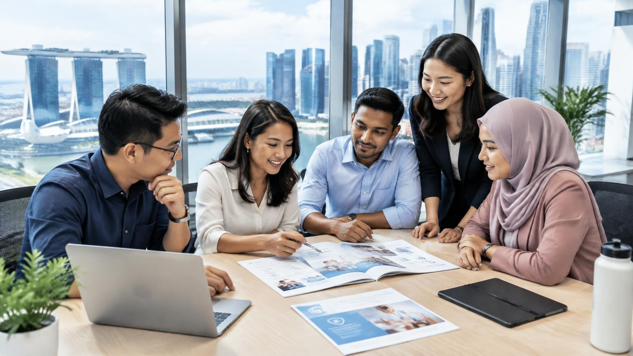 Modern insurance office team meeting in Singapore with city skyline view